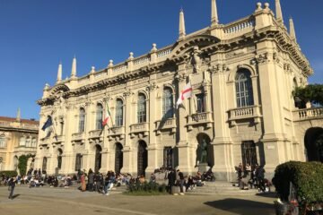 Image is showing the modern and dynamic campus of Politecnico di Milano. The university education is popular in the world.