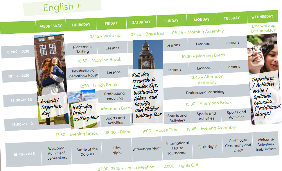 A sample timetable of an English summer school programme in Oxford, named English +