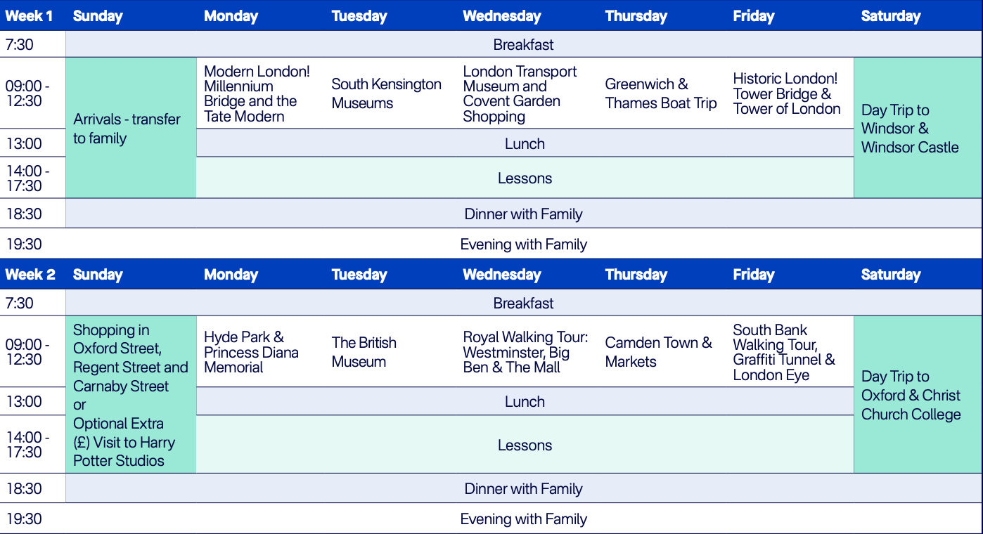 A sample timetable of Bayswater Summer Schools in London.