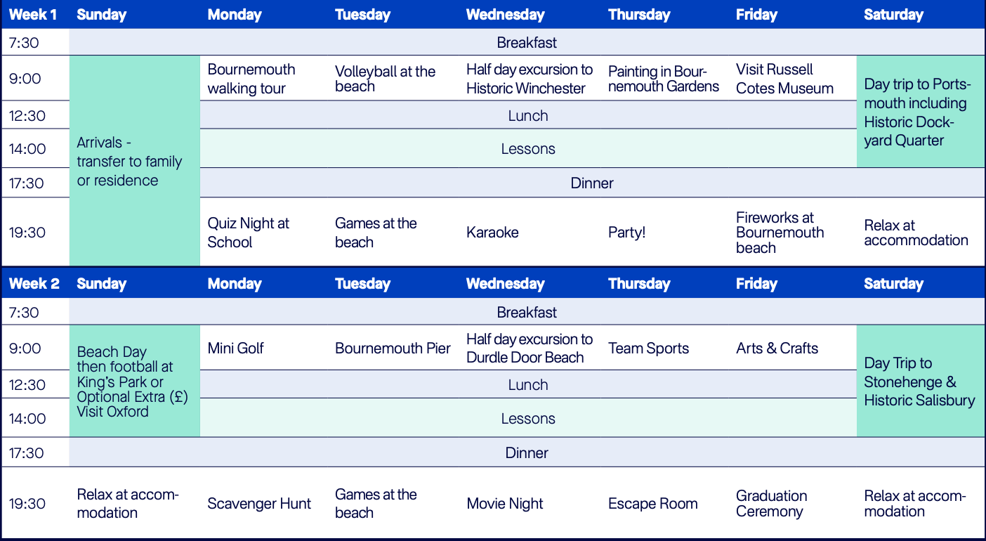 A sample timetable of Bayswater summer schools in Bournemouth.