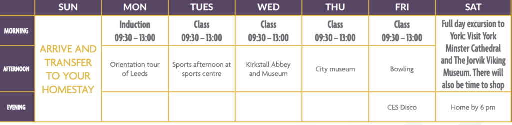 A sample timetable of CES summer schools in Leeds.