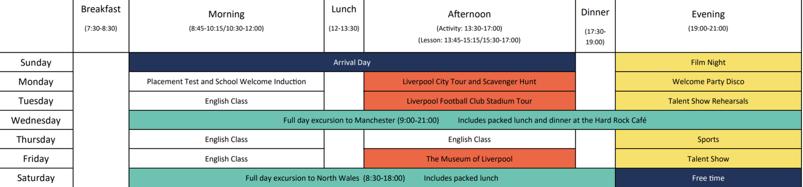 A sample timetable of Liverpool school of English summer school in Liverpool.