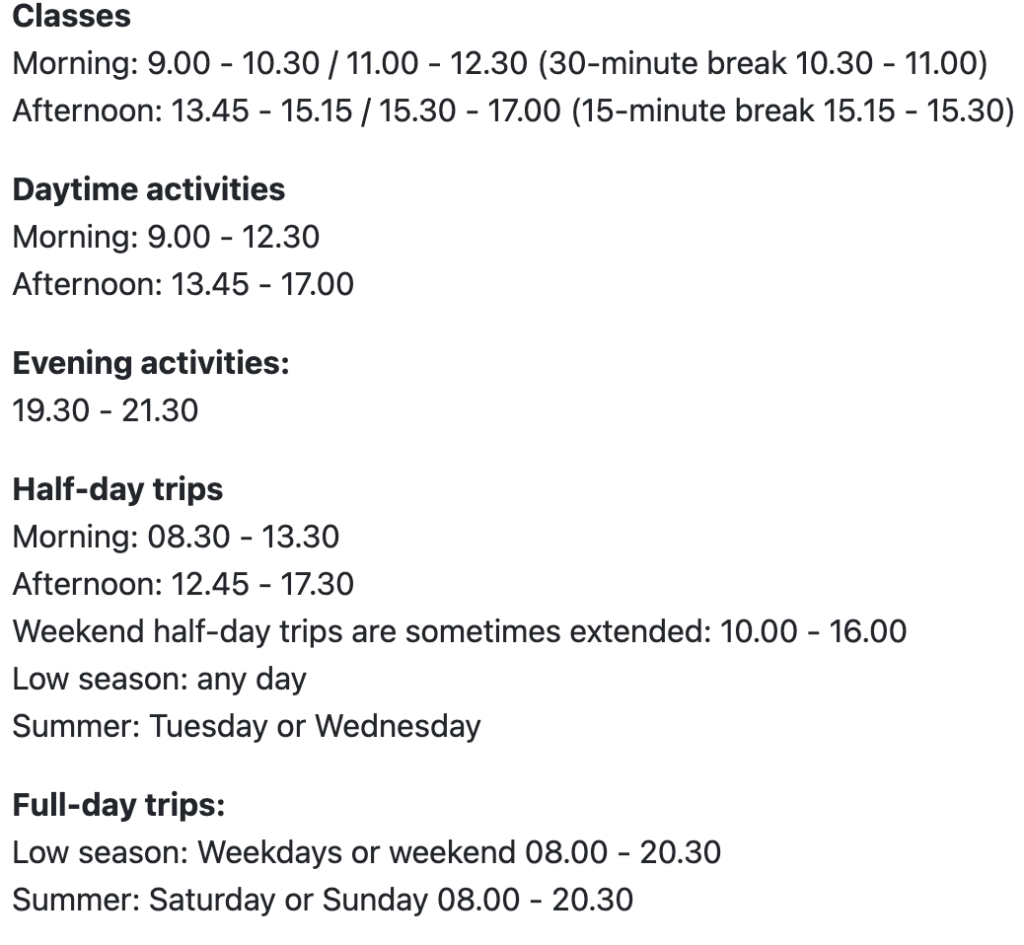 A sample timetable of Broadstairs Summer Schools in Broadstairs.