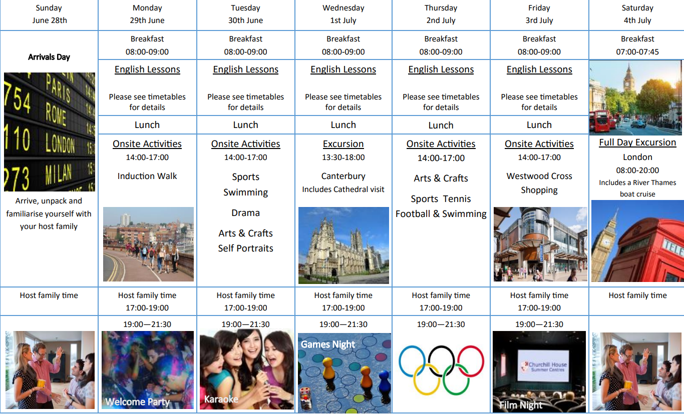 A sample timetable of Churchill Summer Schools in Ramsgate.