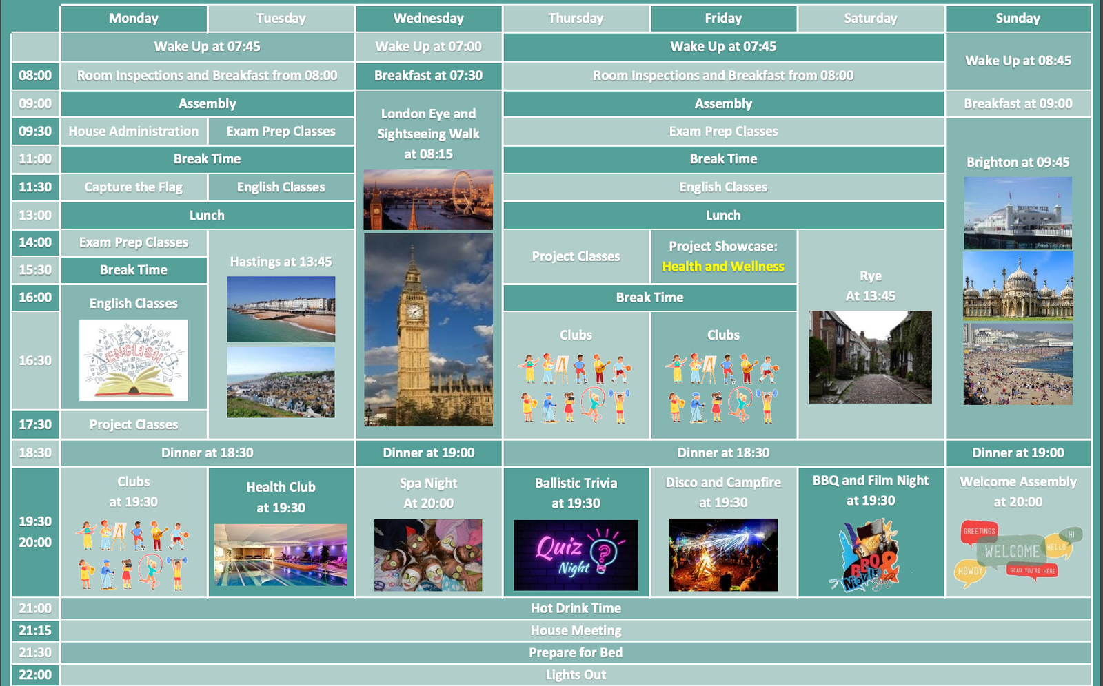 A sample timetable of BOSS summer schools in Eastbourne.