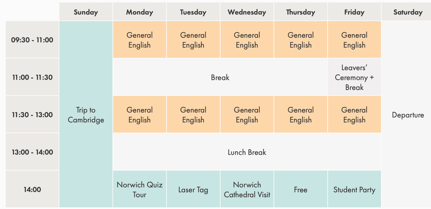 A sample timetable of Flying Classrooms summer schools in Norwich.