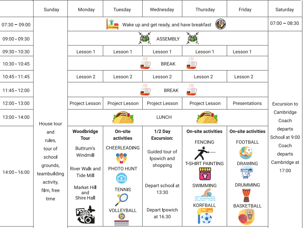 A sample timetable of ILC summer schools in Ipswich.