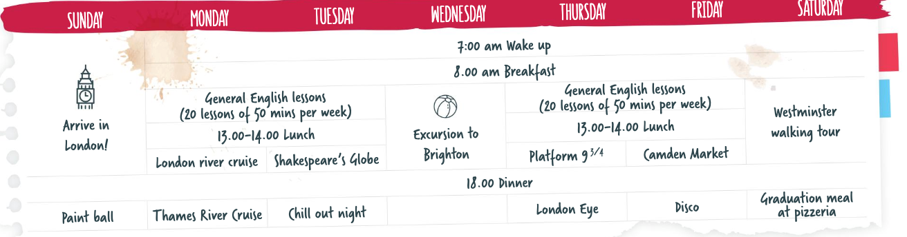 A sample timetable of St.Giles Summer Schools in London.