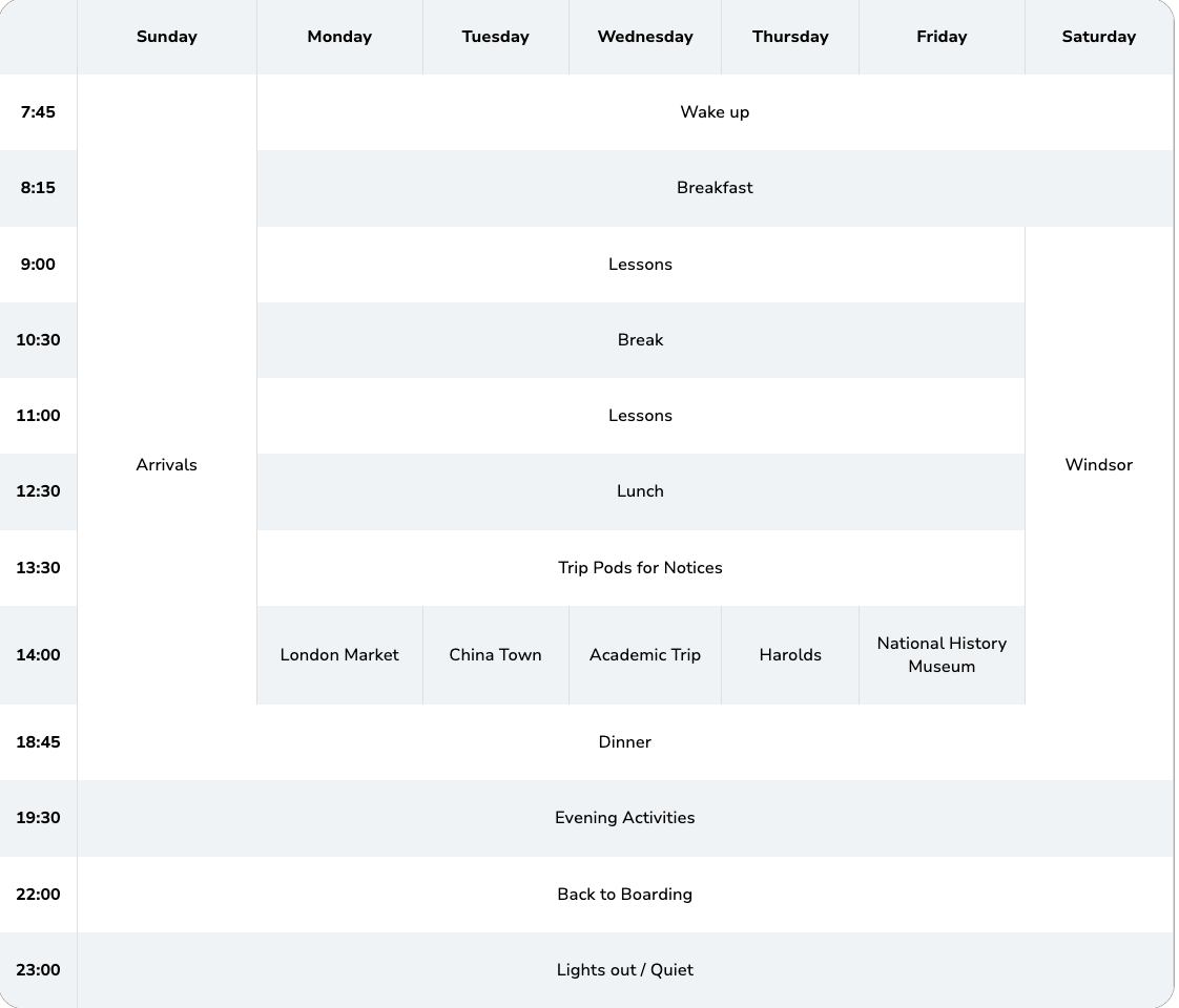 A sample timetable of Academic Summer Camps in London.