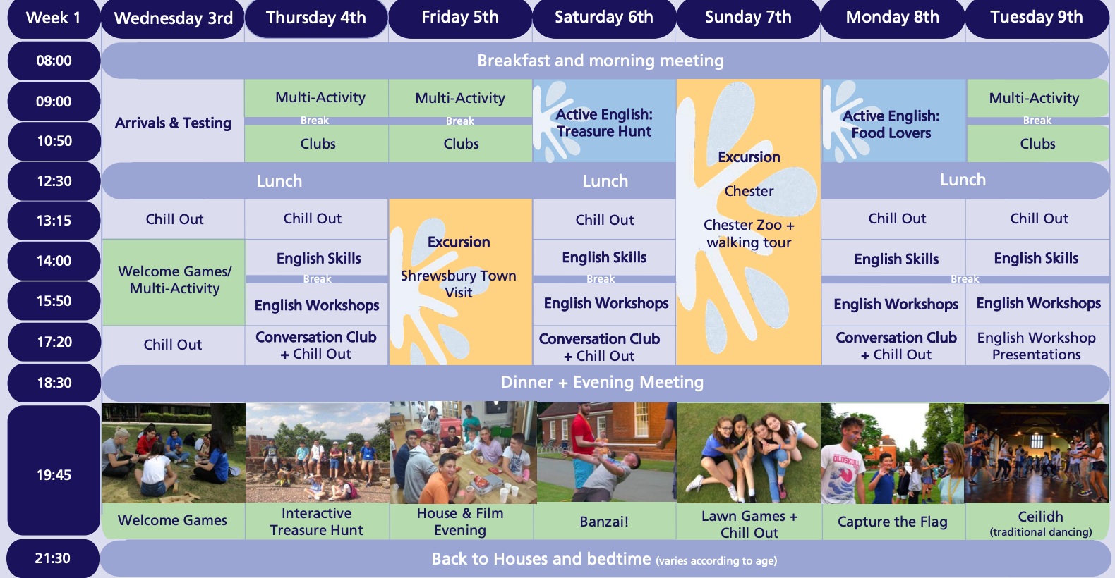 A sample timetable of Discovery Summer school in Shrewsbury.