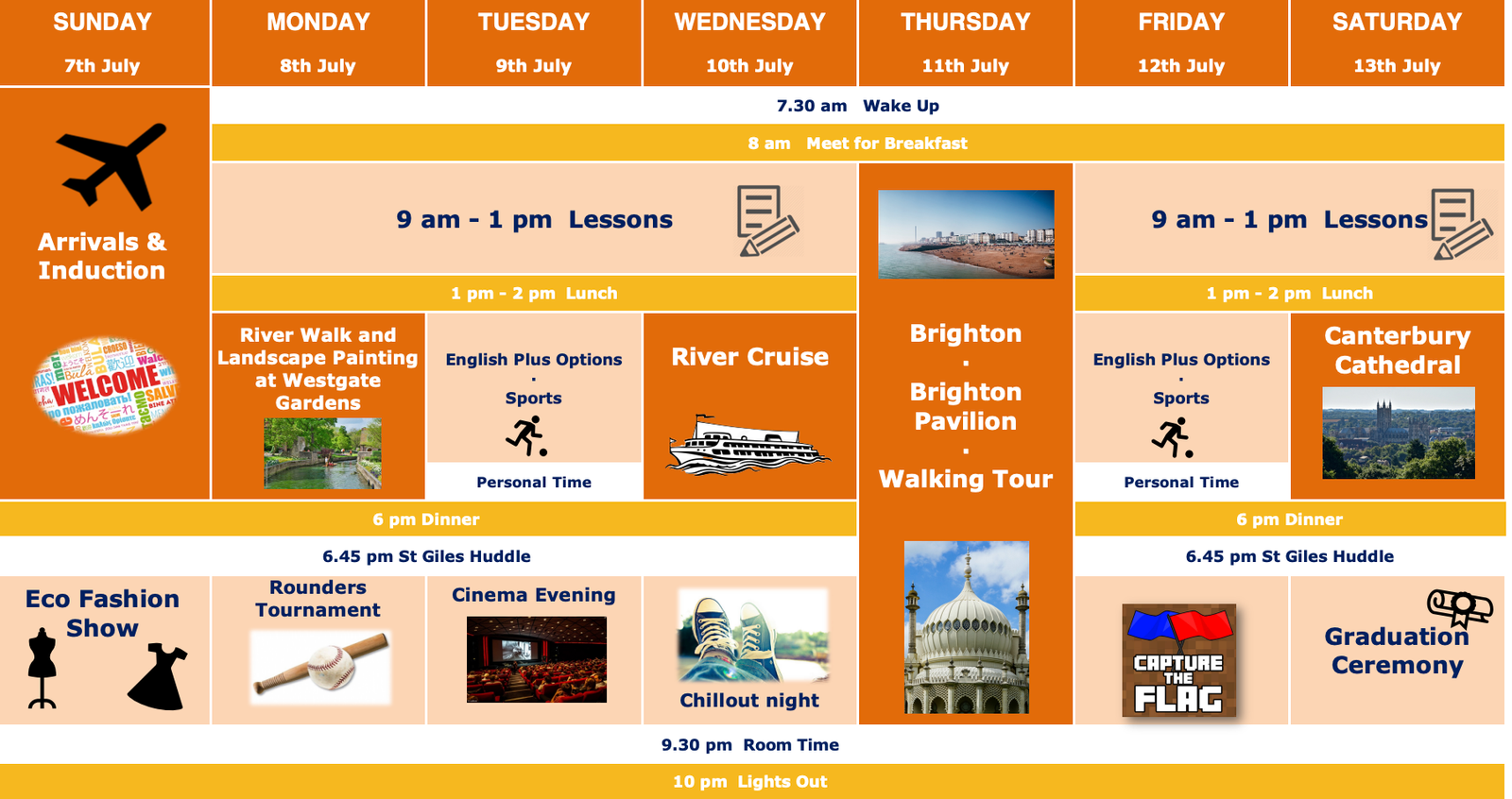 A sample timetable of St.Giles International summer school in Canterbury.