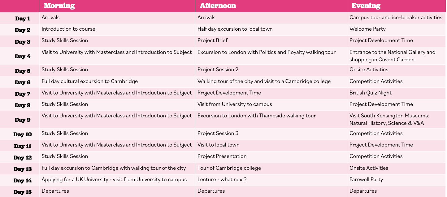 A sample timetable of Oxford International Summer Schools in Canterbury, Benenden.