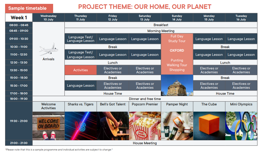 The sample timetable of Bell English Oxford summer school