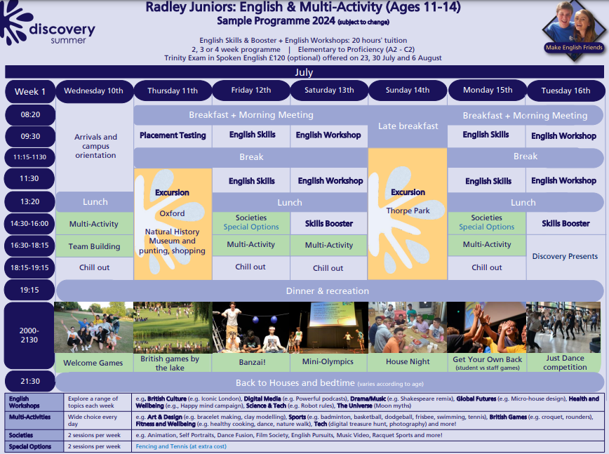 Sample timetable of Discovery English summer school programme in Radley near Oxford.