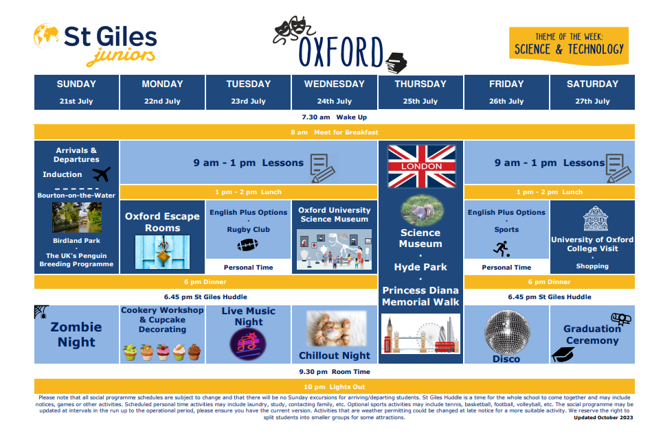 Sample Timetable of St Giles Oxford Junior Summer School program for children aged 12-17.