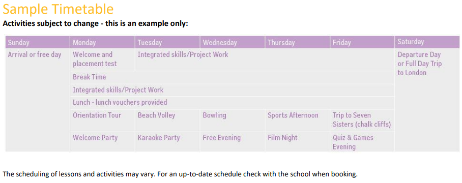 Sample timetable of LSI Brighton Junior Summer Programme