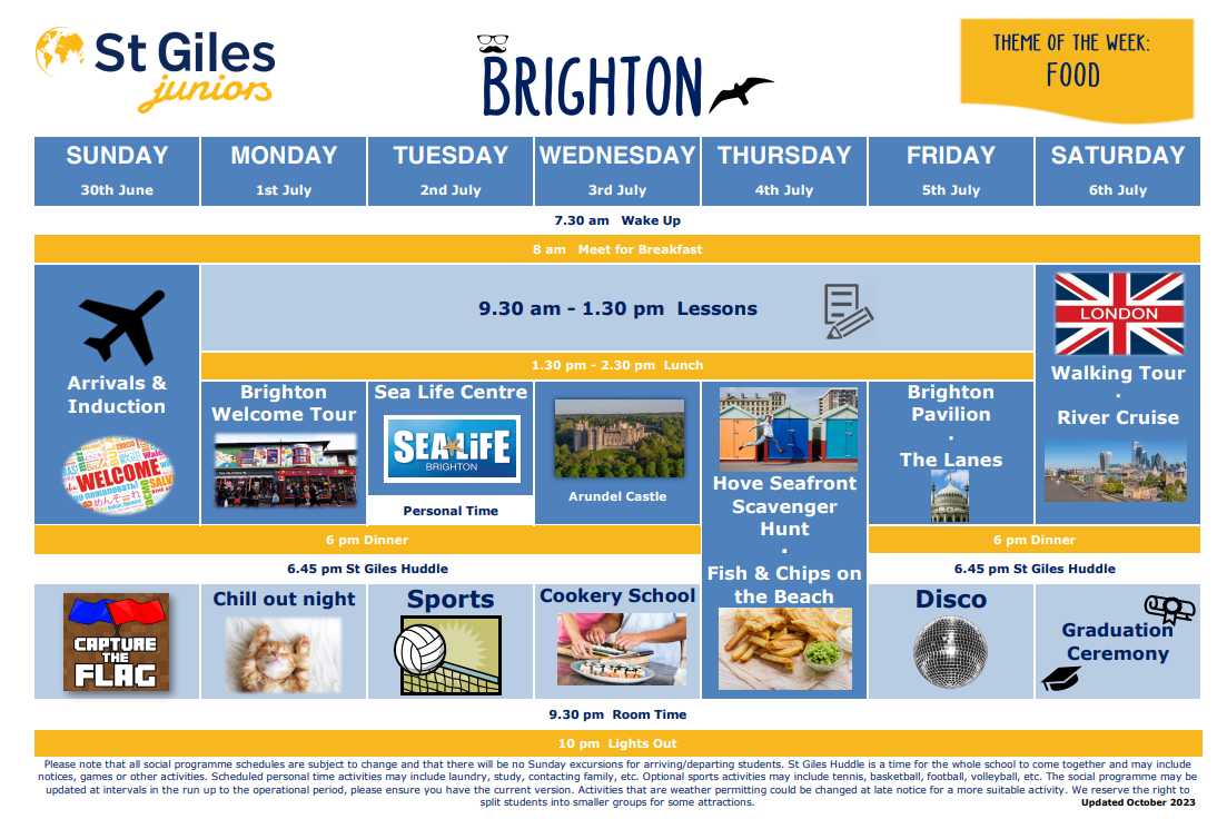 The sample timetable of St Giles Juniors Brighton summer school