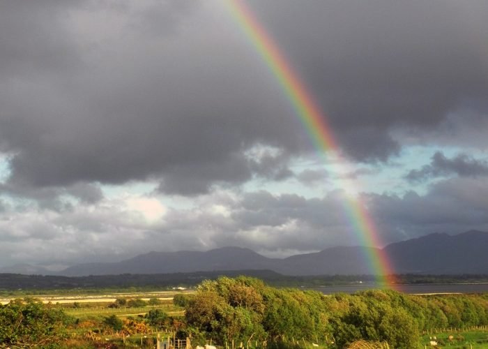 Enchanting image of Irish nature with a rainbow, showcasing the beauty of the landscape and the magic of Ireland's diverse natural surroundings.