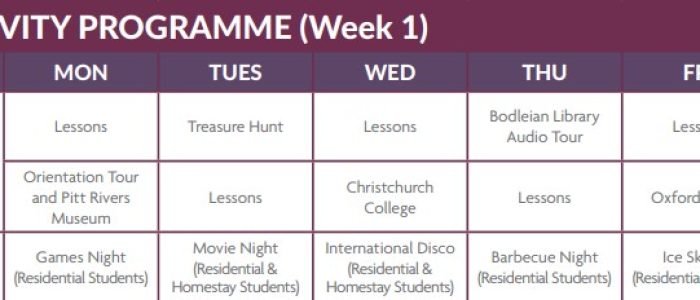 Sample timetable of summer school programme at CES in Oxford