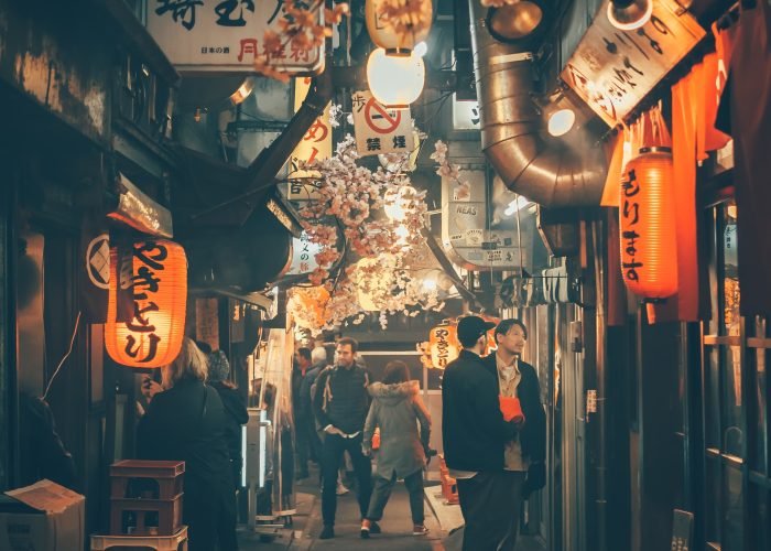 Scenic Japanese street with a blend of traditional and modern architecture, creating a picturesque cultural atmosphere.